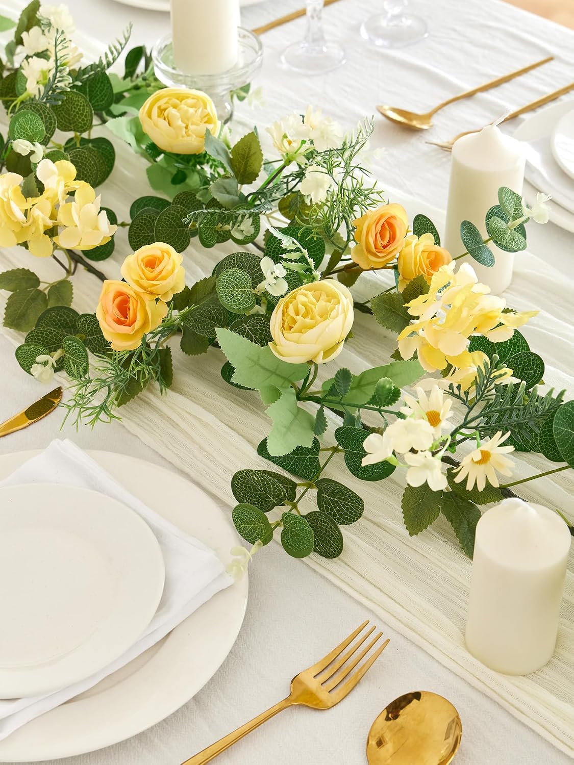 MISSPIN 5.9Ft Eucalyptus Garland with Flowers, Artificial Fake Flower Greenery Spring Garland for Baby Shower Wedding Mantle Table Centerpiece Spring Decor