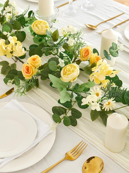 MISSPIN 5.9Ft Eucalyptus Garland with Flowers, Artificial Fake Flower Greenery Spring Garland for Baby Shower Wedding Mantle Table Centerpiece Spring Decor