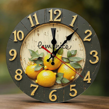 Decorative Wall Clocks Battery Operated 10 Inch - Modern Wooden Rustic Yellow Lemon 2D Print Non Ticking Silent Wall Clocks for Living Room Bedroom Office Kitchen Hotel Bathroom Decor
