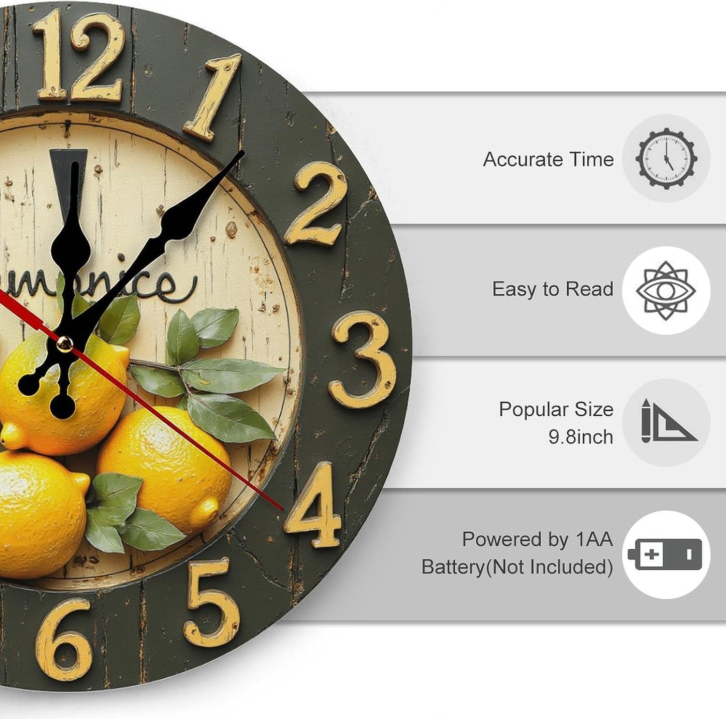 Decorative Wall Clocks Battery Operated 10 Inch - Modern Wooden Rustic Yellow Lemon 2D Print Non Ticking Silent Wall Clocks for Living Room Bedroom Office Kitchen Hotel Bathroom Decor