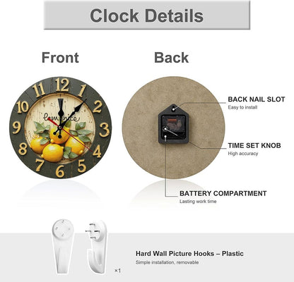 Decorative Wall Clocks Battery Operated 10 Inch - Modern Wooden Rustic Yellow Lemon 2D Print Non Ticking Silent Wall Clocks for Living Room Bedroom Office Kitchen Hotel Bathroom Decor