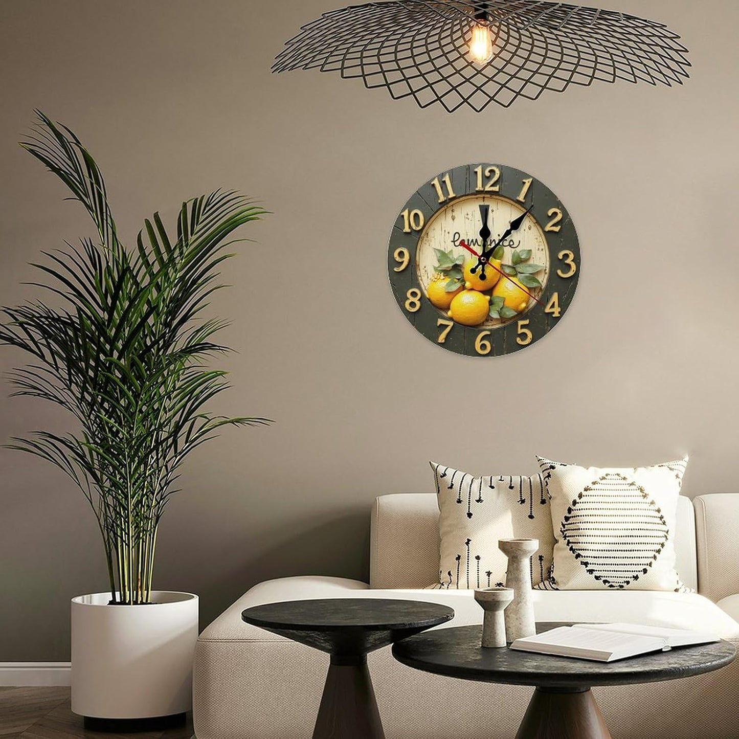 Decorative Wall Clocks Battery Operated 10 Inch - Modern Wooden Rustic Yellow Lemon 2D Print Non Ticking Silent Wall Clocks for Living Room Bedroom Office Kitchen Hotel Bathroom Decor