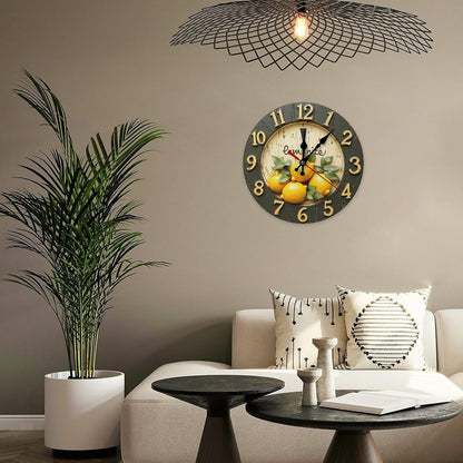 Decorative Wall Clocks Battery Operated 10 Inch - Modern Wooden Rustic Yellow Lemon 2D Print Non Ticking Silent Wall Clocks for Living Room Bedroom Office Kitchen Hotel Bathroom Decor