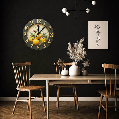 Decorative Wall Clocks Battery Operated 10 Inch - Modern Wooden Rustic Yellow Lemon 2D Print Non Ticking Silent Wall Clocks for Living Room Bedroom Office Kitchen Hotel Bathroom Decor