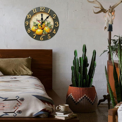 Decorative Wall Clocks Battery Operated 10 Inch - Modern Wooden Rustic Yellow Lemon 2D Print Non Ticking Silent Wall Clocks for Living Room Bedroom Office Kitchen Hotel Bathroom Decor