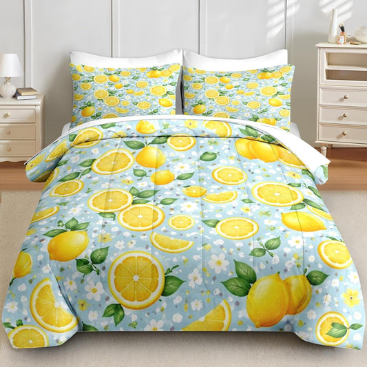 5 Pcs Comforter Set Twin Size, Lemon Summer Floral Bedding for Kids and Adults, Yellow Blue Bed Sheet Sets with Fitted Sheet Pillowcase & Sham for Bedroom Bed Decor