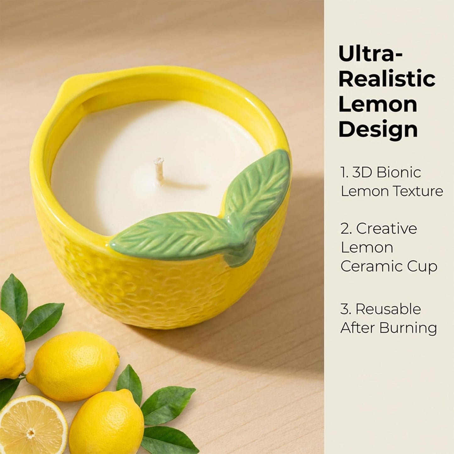 Lemon Scented Candle – 4.23 oz (120g) Natural Soy Wax, 30-Hour Clean Burn, Lemon-Shaped Ceramic Jar, Home Fragrance & Thoughtful Gift for Home (Yellow)