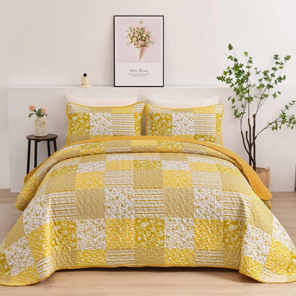 Yellow Boho Quilt Set Queen Size,3 Pieces Plaid Floral Bedspread Coverlet Set Summer,Patchwork Reversible Bedding Set Queen 90"x96"