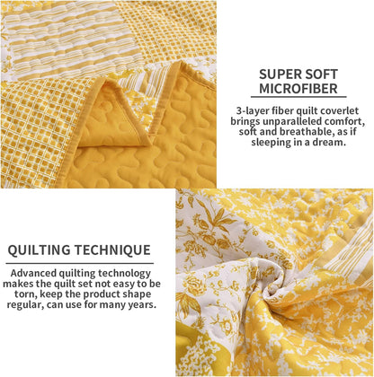 Yellow Boho Quilt Set Queen Size,3 Pieces Plaid Floral Bedspread Coverlet Set Summer,Patchwork Reversible Bedding Set Queen 90"x96"