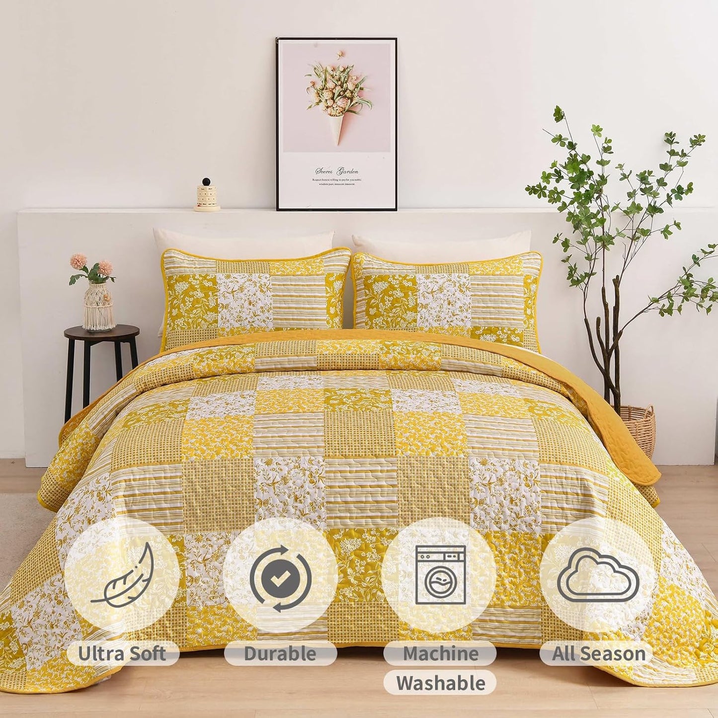Yellow Boho Quilt Set Queen Size,3 Pieces Plaid Floral Bedspread Coverlet Set Summer,Patchwork Reversible Bedding Set Queen 90"x96"