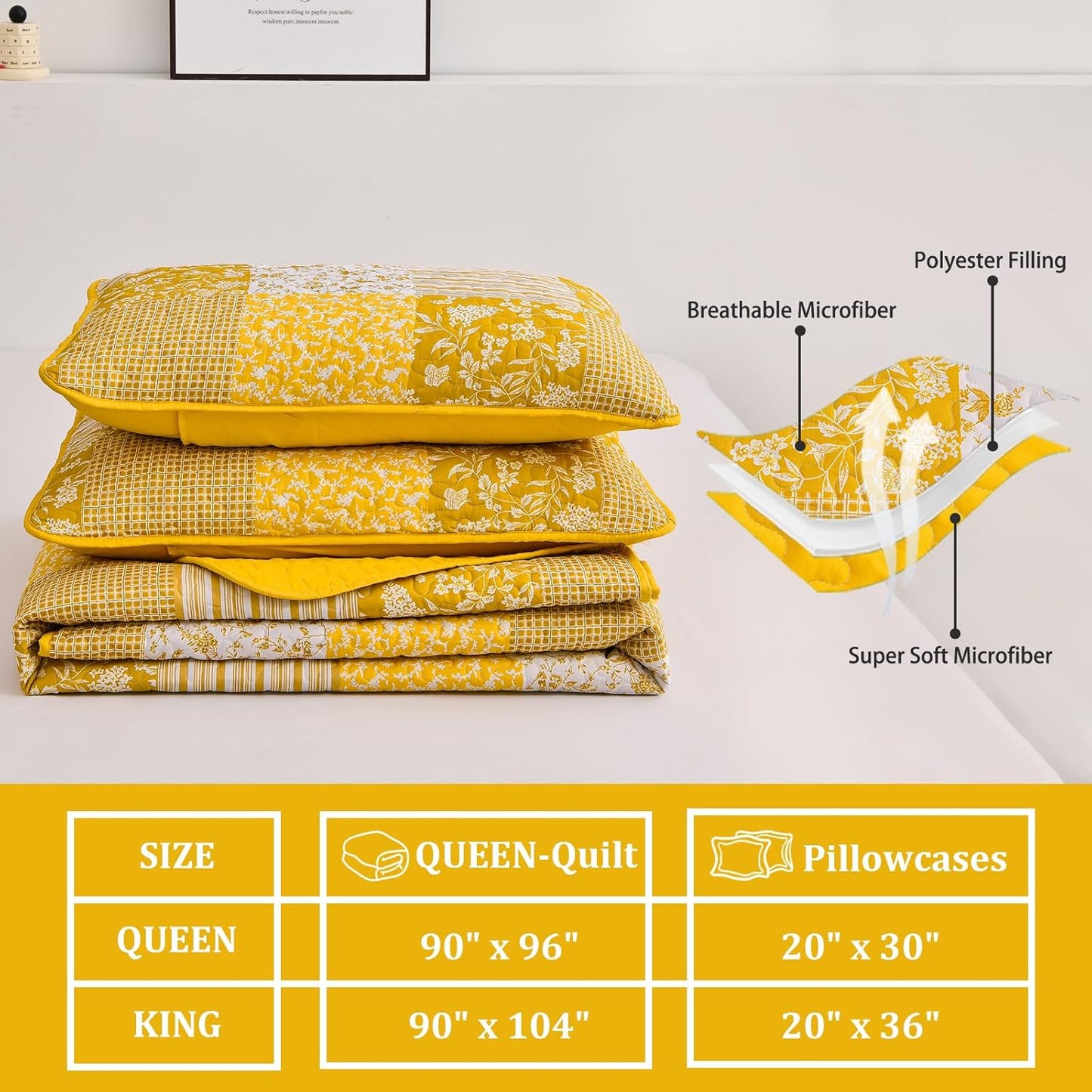 Yellow Boho Quilt Set Queen Size,3 Pieces Plaid Floral Bedspread Coverlet Set Summer,Patchwork Reversible Bedding Set Queen 90"x96"