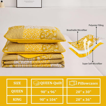 Yellow Boho Quilt Set Queen Size,3 Pieces Plaid Floral Bedspread Coverlet Set Summer,Patchwork Reversible Bedding Set Queen 90"x96"