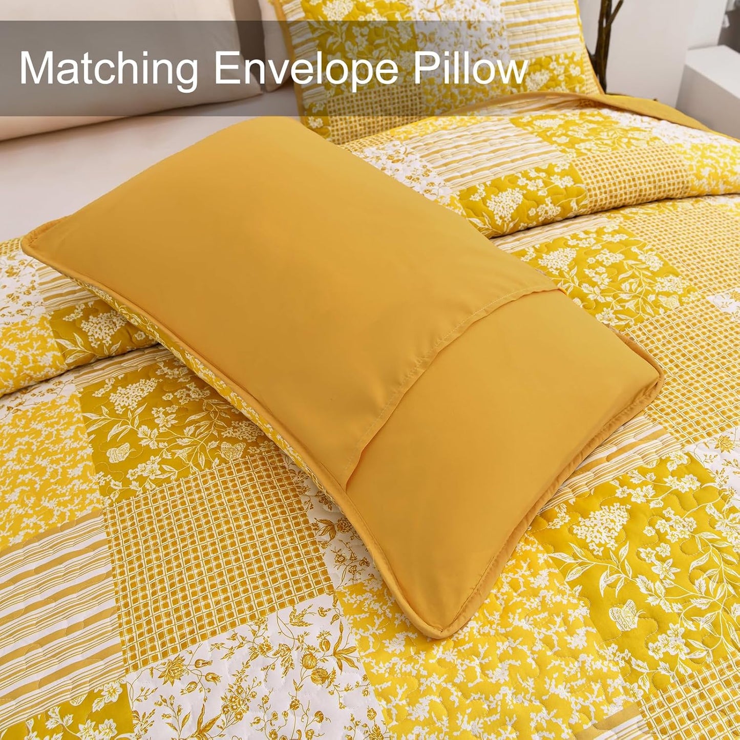 Yellow Boho Quilt Set Queen Size,3 Pieces Plaid Floral Bedspread Coverlet Set Summer,Patchwork Reversible Bedding Set Queen 90"x96"