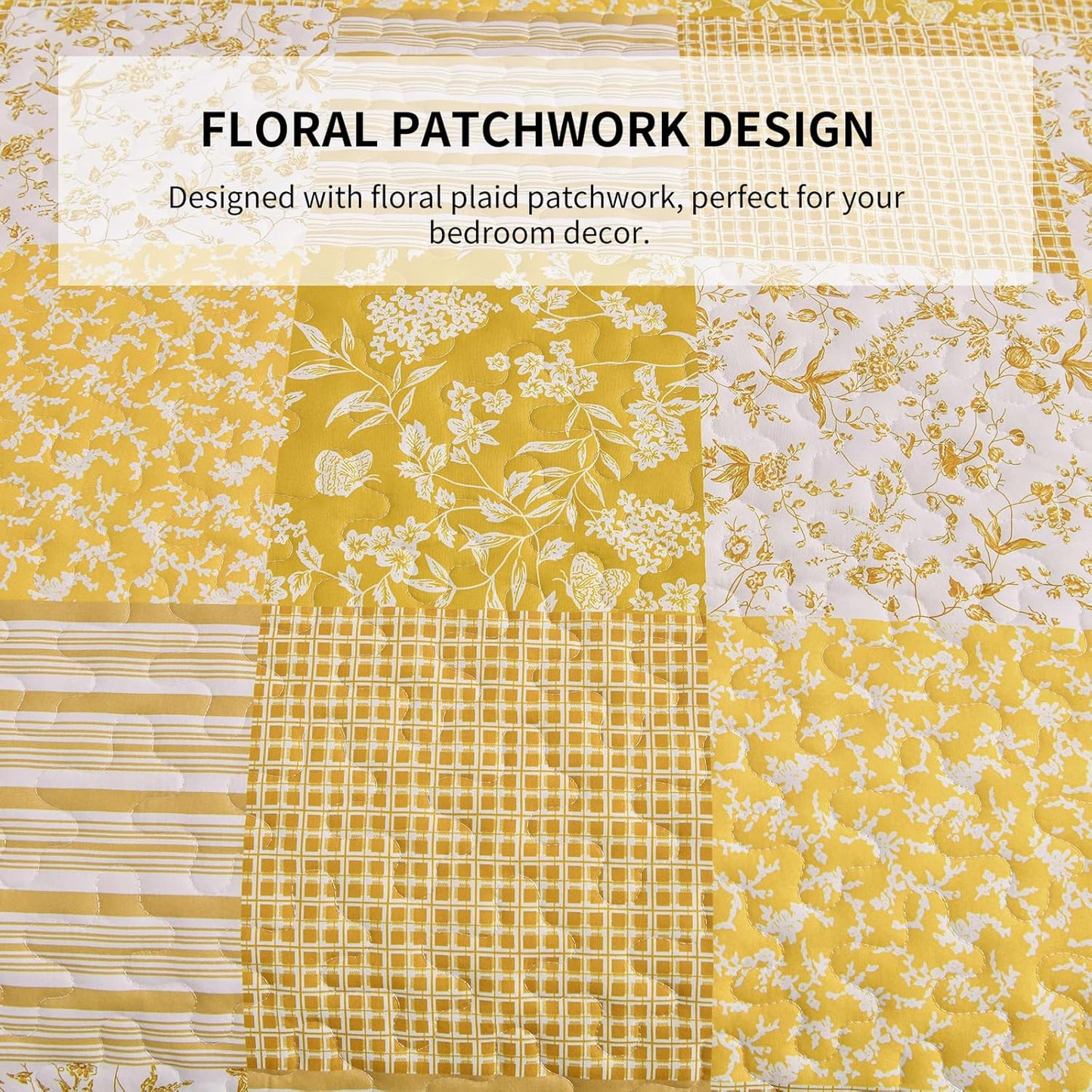 Yellow Boho Quilt Set Queen Size,3 Pieces Plaid Floral Bedspread Coverlet Set Summer,Patchwork Reversible Bedding Set Queen 90"x96"