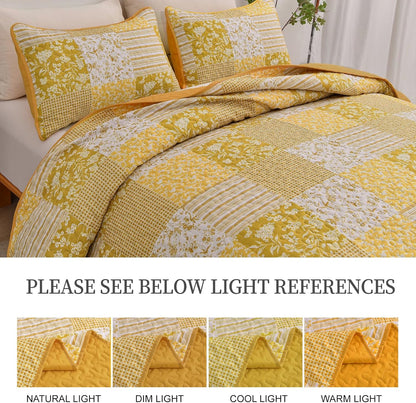 Yellow Boho Quilt Set Queen Size,3 Pieces Plaid Floral Bedspread Coverlet Set Summer,Patchwork Reversible Bedding Set Queen 90"x96"