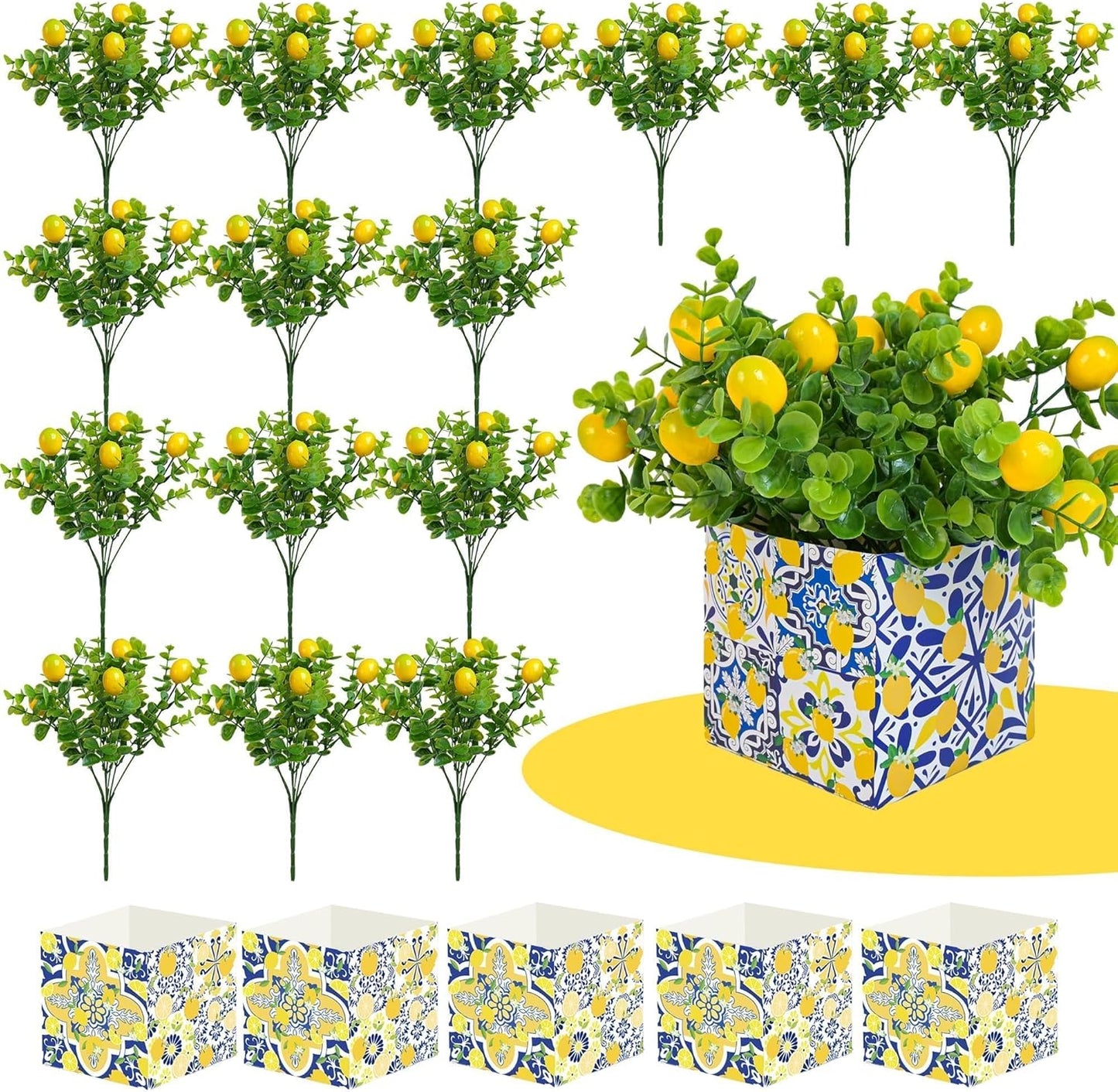 Amalfi Coast Party Decorations – 5 Set Blue Tiles Lemon Table Centerpieces with Artificial Lemons & Branches, Mediterranean Capri Themed Decor Box for Wedding, Bridal Shower, Baby Shower
