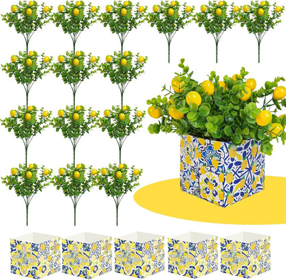 Amalfi Coast Party Decorations – 5 Set Blue Tiles Lemon Table Centerpieces with Artificial Lemons & Branches, Mediterranean Capri Themed Decor Box for Wedding, Bridal Shower, Baby Shower