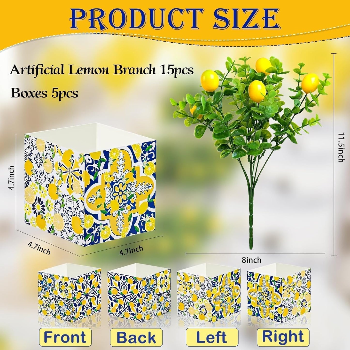 Amalfi Coast Party Decorations – 5 Set Blue Tiles Lemon Table Centerpieces with Artificial Lemons & Branches, Mediterranean Capri Themed Decor Box for Wedding, Bridal Shower, Baby Shower