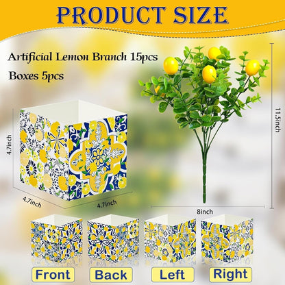 Amalfi Coast Party Decorations – 5 Set Blue Tiles Lemon Table Centerpieces with Artificial Lemons & Branches, Mediterranean Capri Themed Decor Box for Wedding, Bridal Shower, Baby Shower