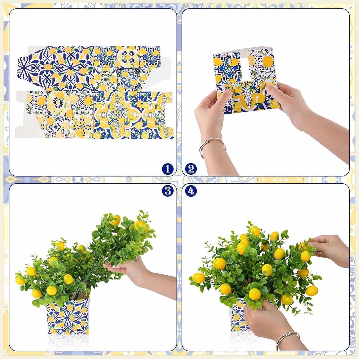 Amalfi Coast Party Decorations – 5 Set Blue Tiles Lemon Table Centerpieces with Artificial Lemons & Branches, Mediterranean Capri Themed Decor Box for Wedding, Bridal Shower, Baby Shower