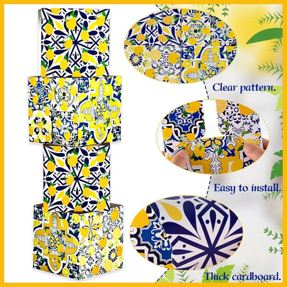Amalfi Coast Party Decorations – 5 Set Blue Tiles Lemon Table Centerpieces with Artificial Lemons & Branches, Mediterranean Capri Themed Decor Box for Wedding, Bridal Shower, Baby Shower
