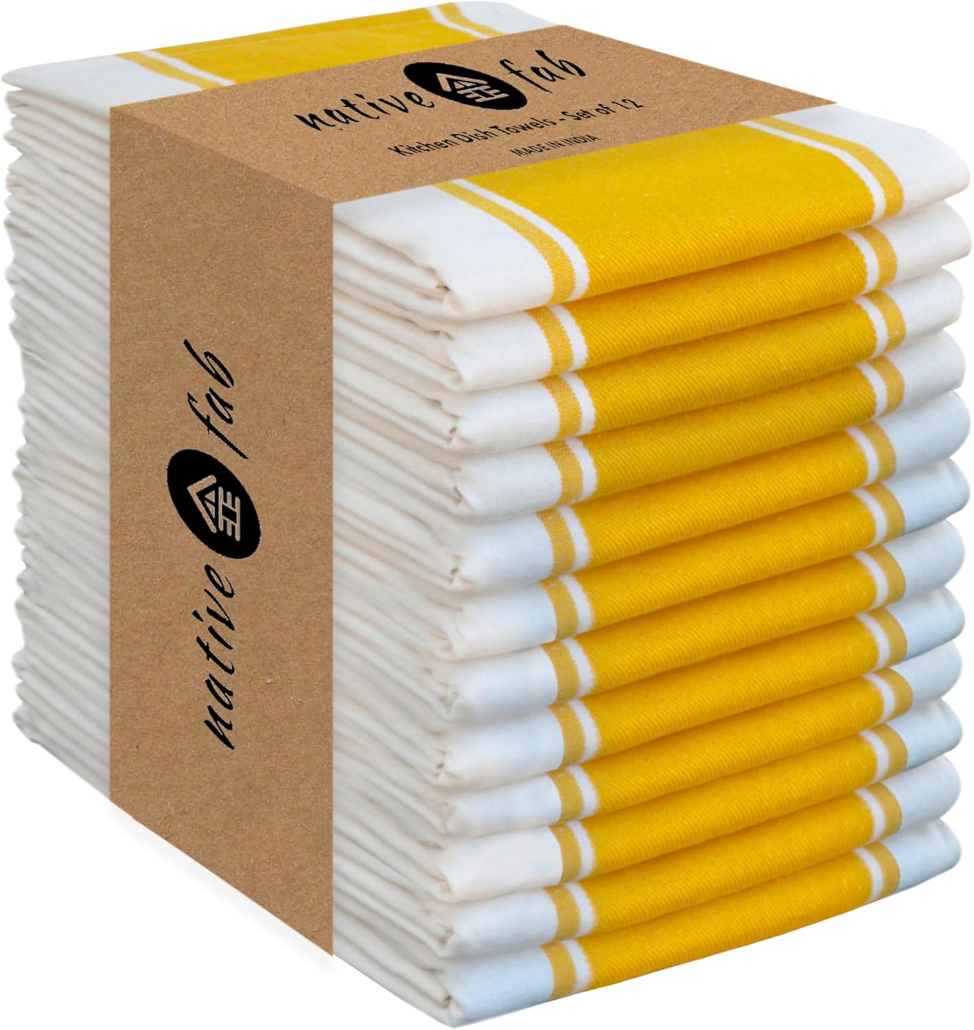 Yellow Striped Dish Towels 18"x28", 12 Pack, Wide Stripe, Highly Absorbent, Fast Dry, 100% Cotton Hand Towels for Drying Dishes, Glassware, Dishcloth Set, Kitchen Cleaning Towel - Yellow