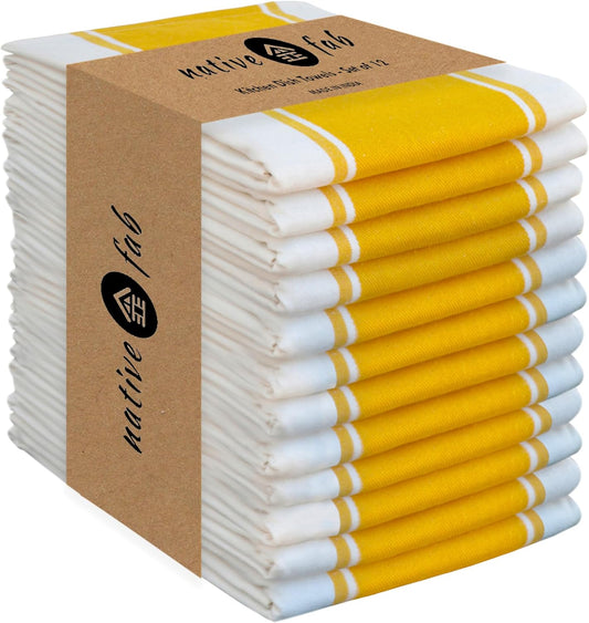 Yellow Striped Dish Towels 18"x28", 12 Pack, Wide Stripe, Highly Absorbent, Fast Dry, 100% Cotton Hand Towels for Drying Dishes, Glassware, Dishcloth Set, Kitchen Cleaning Towel - Yellow