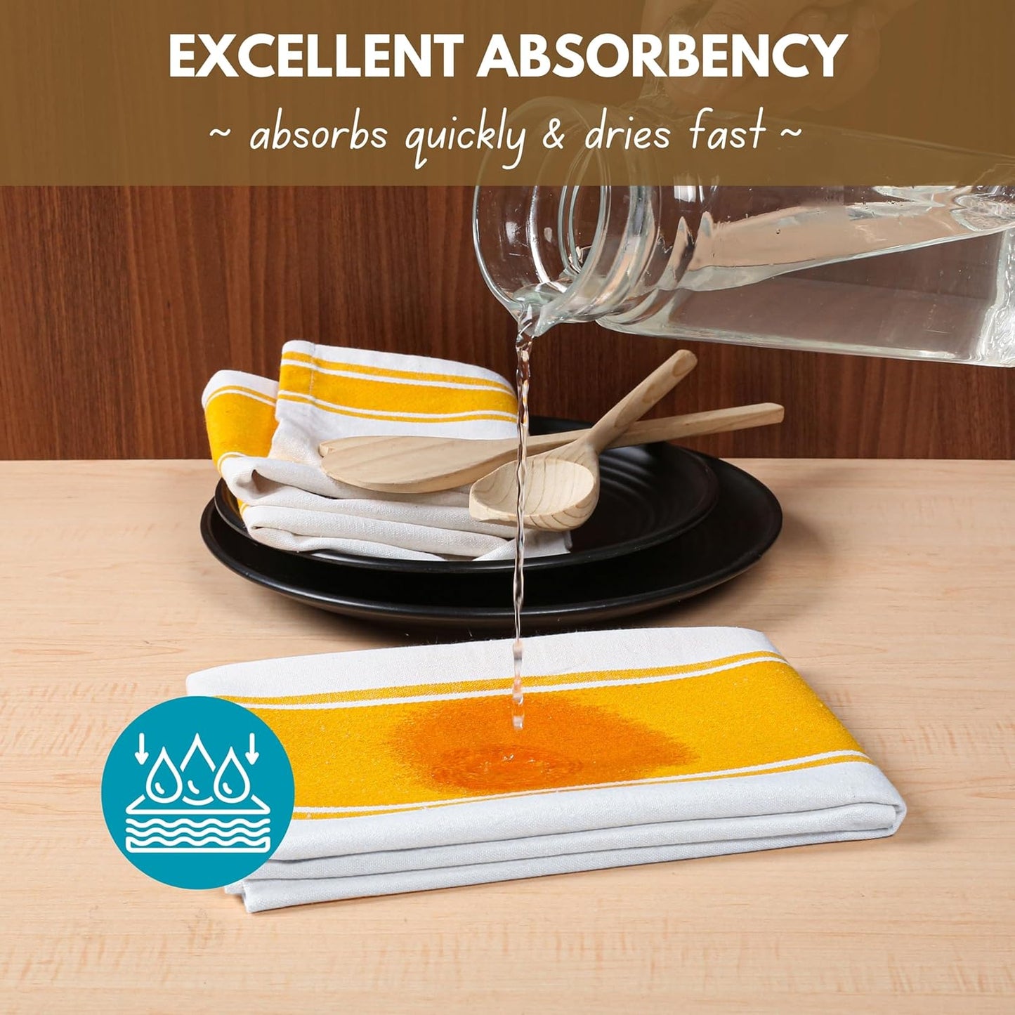 Yellow Striped Dish Towels 18"x28", 12 Pack, Wide Stripe, Highly Absorbent, Fast Dry, 100% Cotton Hand Towels for Drying Dishes, Glassware, Dishcloth Set, Kitchen Cleaning Towel - Yellow