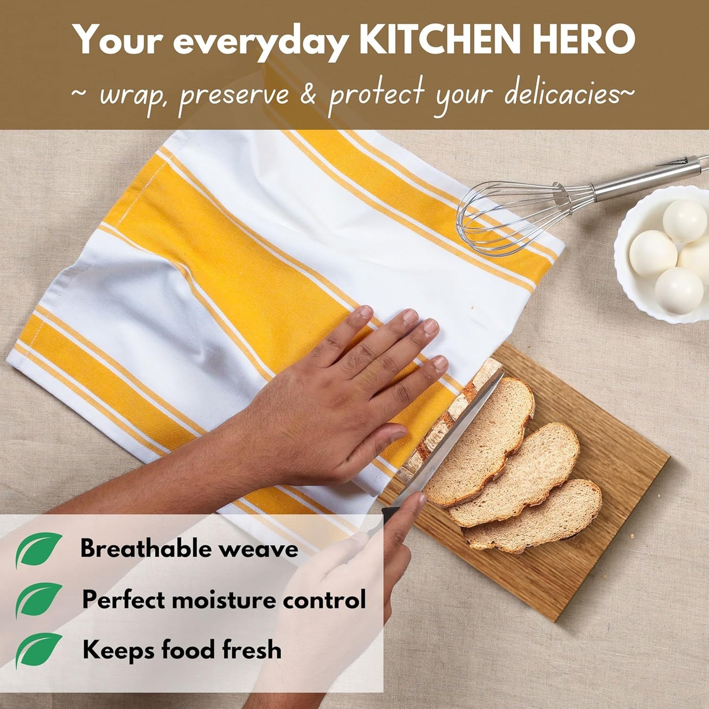 Yellow Striped Dish Towels 18"x28", 12 Pack, Wide Stripe, Highly Absorbent, Fast Dry, 100% Cotton Hand Towels for Drying Dishes, Glassware, Dishcloth Set, Kitchen Cleaning Towel - Yellow