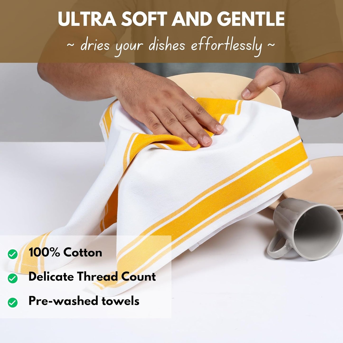 Yellow Striped Dish Towels 18"x28", 12 Pack, Wide Stripe, Highly Absorbent, Fast Dry, 100% Cotton Hand Towels for Drying Dishes, Glassware, Dishcloth Set, Kitchen Cleaning Towel - Yellow