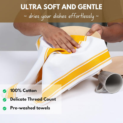 Yellow Striped Dish Towels 18"x28", 12 Pack, Wide Stripe, Highly Absorbent, Fast Dry, 100% Cotton Hand Towels for Drying Dishes, Glassware, Dishcloth Set, Kitchen Cleaning Towel - Yellow