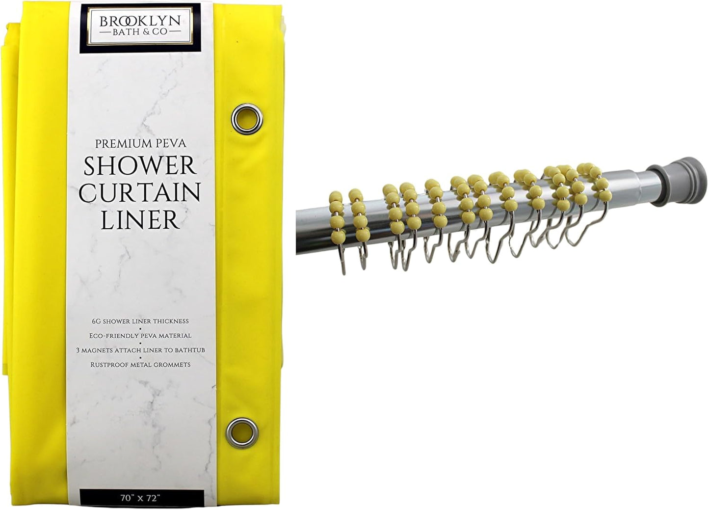 inc. Essentials Decorative PEVA Shower Curtain Liner - PVC-Free, Odorless with Magnetized Bottom, Rustproof Grommets & Yellow Chrome Finish Roller Ball Hooks Set