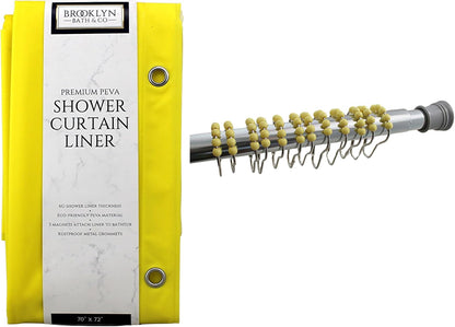 inc. Essentials Decorative PEVA Shower Curtain Liner - PVC-Free, Odorless with Magnetized Bottom, Rustproof Grommets & Yellow Chrome Finish Roller Ball Hooks Set