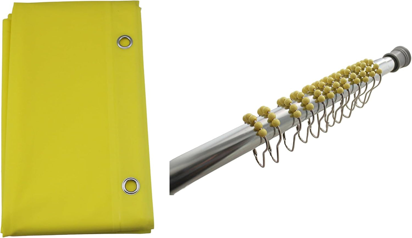inc. Essentials Decorative PEVA Shower Curtain Liner - PVC-Free, Odorless with Magnetized Bottom, Rustproof Grommets & Yellow Chrome Finish Roller Ball Hooks Set