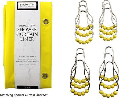 inc. Essentials Decorative PEVA Shower Curtain Liner - PVC-Free, Odorless with Magnetized Bottom, Rustproof Grommets & Yellow Chrome Finish Roller Ball Hooks Set