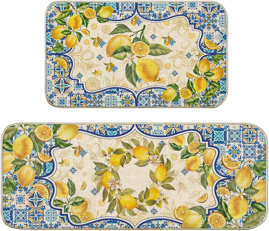 Lemon Kitchen Mat Yellow and Blue Mediterranean Kitchen Rug Summer Decor Tile Flower Pattern Kitchen Mats for Floor Non Skid Washable Set of 2, Decorative Kitchen Decor 17x29 and 17x47 Inch