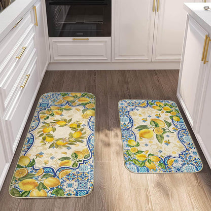 Lemon Kitchen Mat Yellow and Blue Mediterranean Kitchen Rug Summer Decor Tile Flower Pattern Kitchen Mats for Floor Non Skid Washable Set of 2, Decorative Kitchen Decor 17x29 and 17x47 Inch