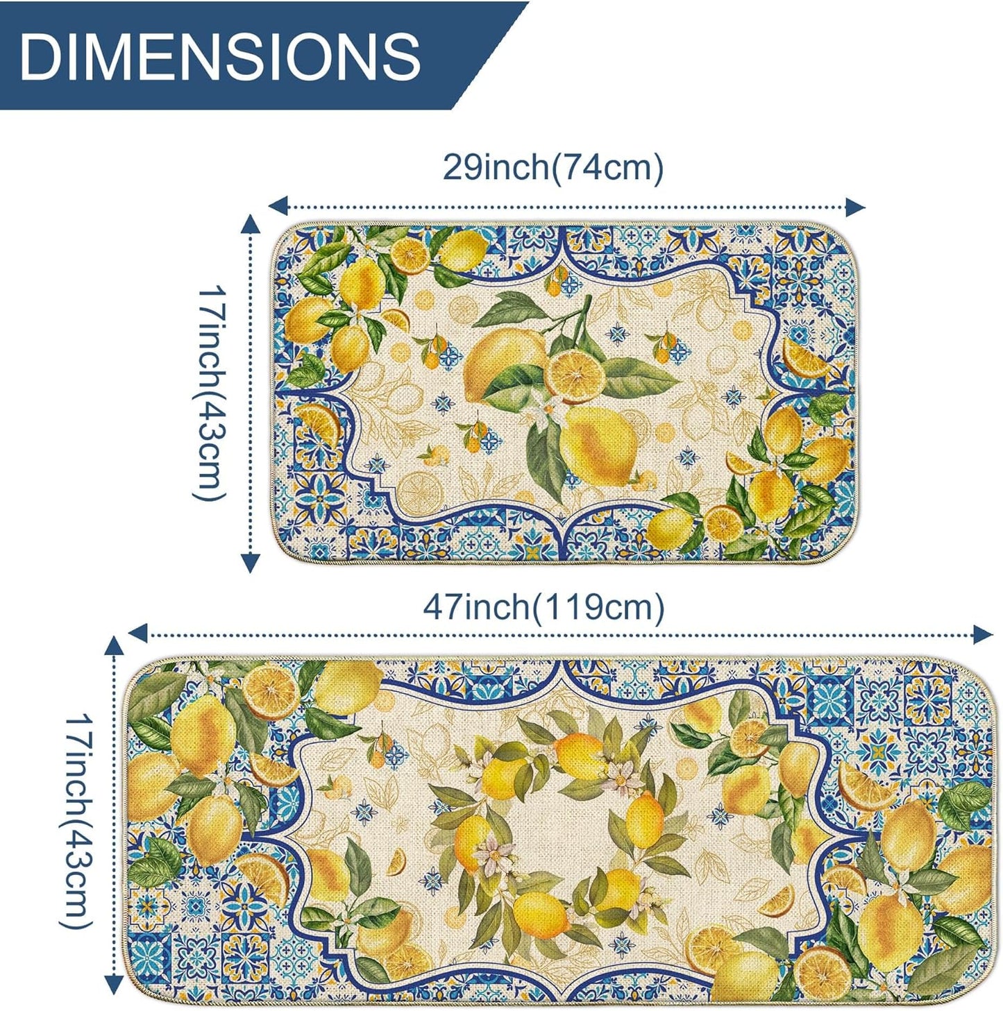 Lemon Kitchen Mat Yellow and Blue Mediterranean Kitchen Rug Summer Decor Tile Flower Pattern Kitchen Mats for Floor Non Skid Washable Set of 2, Decorative Kitchen Decor 17x29 and 17x47 Inch