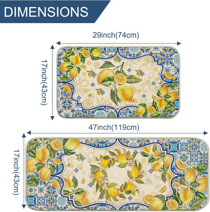 Lemon Kitchen Mat Yellow and Blue Mediterranean Kitchen Rug Summer Decor Tile Flower Pattern Kitchen Mats for Floor Non Skid Washable Set of 2, Decorative Kitchen Decor 17x29 and 17x47 Inch