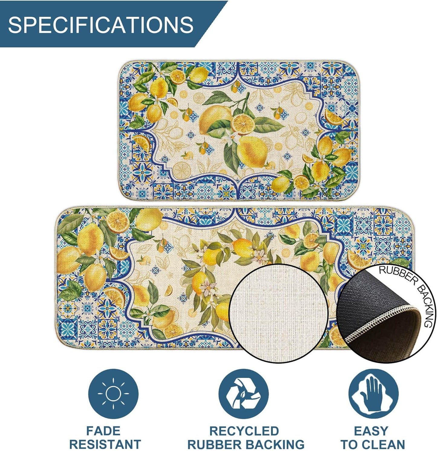 Lemon Kitchen Mat Yellow and Blue Mediterranean Kitchen Rug Summer Decor Tile Flower Pattern Kitchen Mats for Floor Non Skid Washable Set of 2, Decorative Kitchen Decor 17x29 and 17x47 Inch