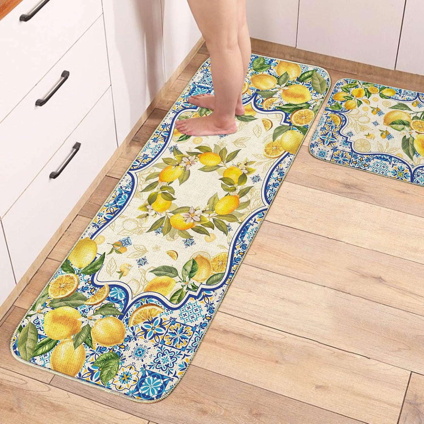 Lemon Kitchen Mat Yellow and Blue Mediterranean Kitchen Rug Summer Decor Tile Flower Pattern Kitchen Mats for Floor Non Skid Washable Set of 2, Decorative Kitchen Decor 17x29 and 17x47 Inch