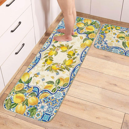 Lemon Kitchen Mat Yellow and Blue Mediterranean Kitchen Rug Summer Decor Tile Flower Pattern Kitchen Mats for Floor Non Skid Washable Set of 2, Decorative Kitchen Decor 17x29 and 17x47 Inch