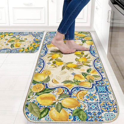 Lemon Kitchen Mat Yellow and Blue Mediterranean Kitchen Rug Summer Decor Tile Flower Pattern Kitchen Mats for Floor Non Skid Washable Set of 2, Decorative Kitchen Decor 17x29 and 17x47 Inch