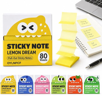 Cute Fruit Monster Notes, Transparent Pull-Out Self-Stick Pads, Pop-Up Dispenser Set, 14 Packs 700 Sheets, Clear Translucent Tabs for Study Planner Teacher Office Gifts Stationery Use(Lemon)