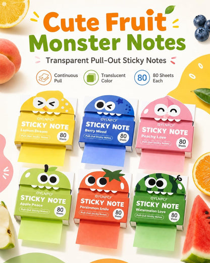 Cute Fruit Monster Notes, Transparent Pull-Out Self-Stick Pads, Pop-Up Dispenser Set, 14 Packs 700 Sheets, Clear Translucent Tabs for Study Planner Teacher Office Gifts Stationery Use(Lemon)
