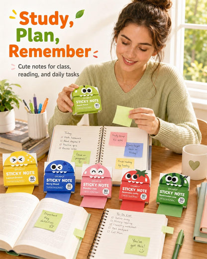 Cute Fruit Monster Notes, Transparent Pull-Out Self-Stick Pads, Pop-Up Dispenser Set, 14 Packs 700 Sheets, Clear Translucent Tabs for Study Planner Teacher Office Gifts Stationery Use(Lemon)