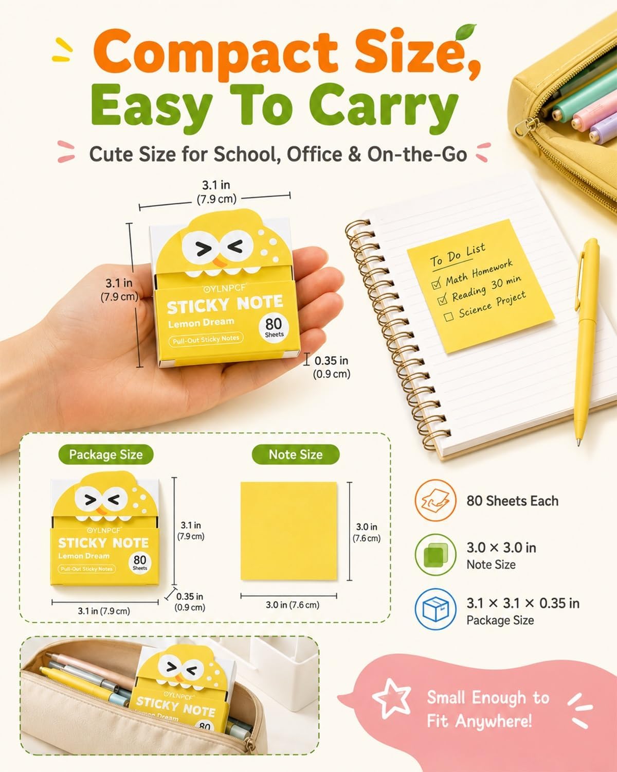 Cute Fruit Monster Notes, Transparent Pull-Out Self-Stick Pads, Pop-Up Dispenser Set, 14 Packs 700 Sheets, Clear Translucent Tabs for Study Planner Teacher Office Gifts Stationery Use(Lemon)