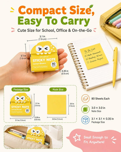 Cute Fruit Monster Notes, Transparent Pull-Out Self-Stick Pads, Pop-Up Dispenser Set, 14 Packs 700 Sheets, Clear Translucent Tabs for Study Planner Teacher Office Gifts Stationery Use(Lemon)