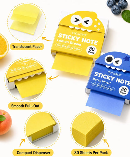 Cute Fruit Monster Notes, Transparent Pull-Out Self-Stick Pads, Pop-Up Dispenser Set, 14 Packs 700 Sheets, Clear Translucent Tabs for Study Planner Teacher Office Gifts Stationery Use(Lemon)