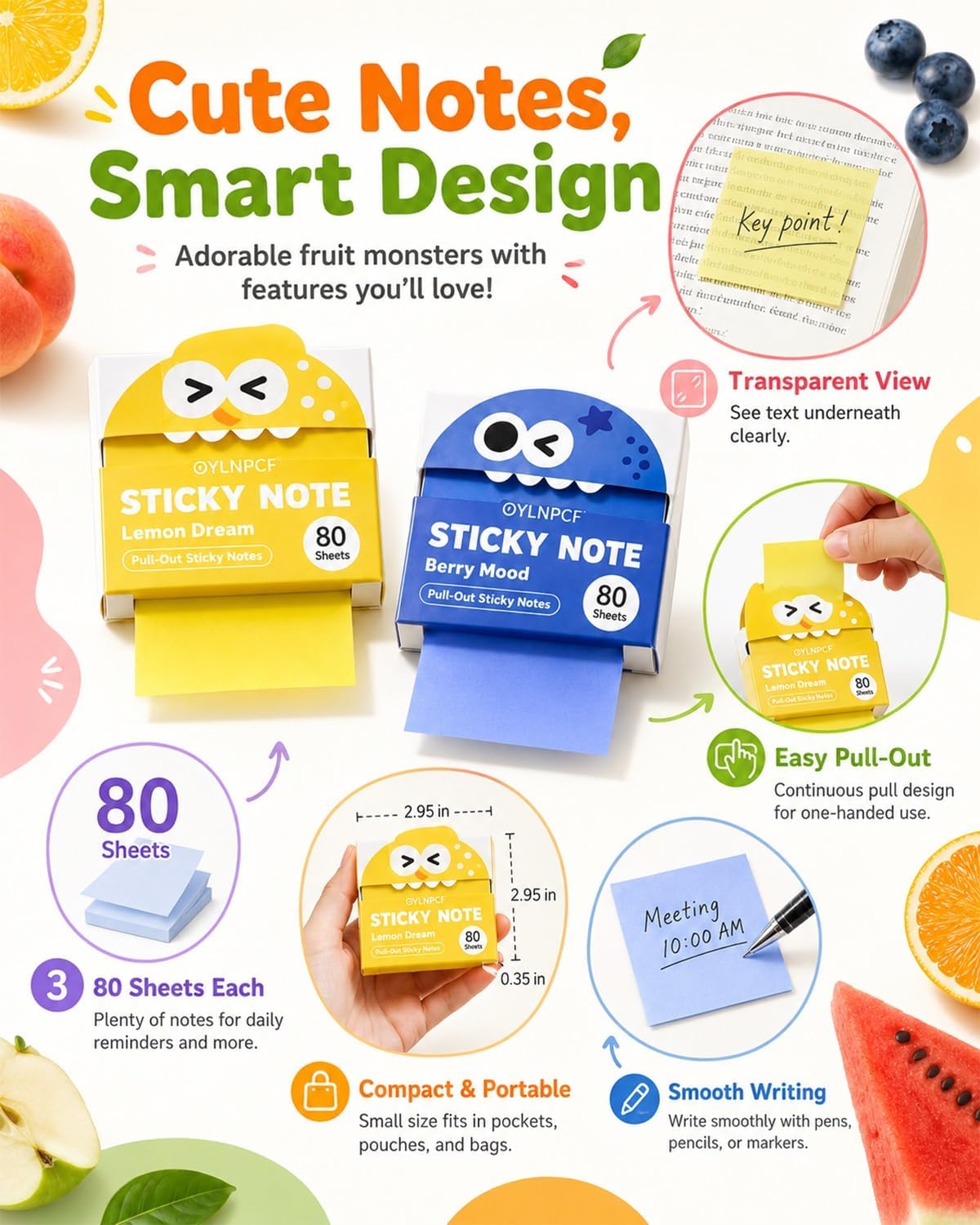 Cute Fruit Monster Notes, Transparent Pull-Out Self-Stick Pads, Pop-Up Dispenser Set, 14 Packs 700 Sheets, Clear Translucent Tabs for Study Planner Teacher Office Gifts Stationery Use(Lemon)
